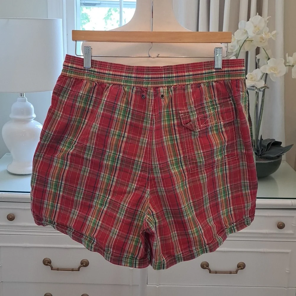 Polo by Ralph Lauren Mens Red Plaid Swim Trunks Lined Elastic Waist Size L‎